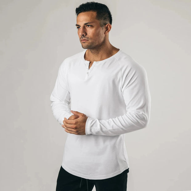 Men's Long Sleeve Solid Vintage Henley Shirts Sports Fitness Casual Cotton Stretch Thin V-neck Tee.