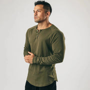 Men's Long Sleeve Solid Vintage Henley Shirts Sports Fitness Casual Cotton Stretch Thin V-neck Tee.