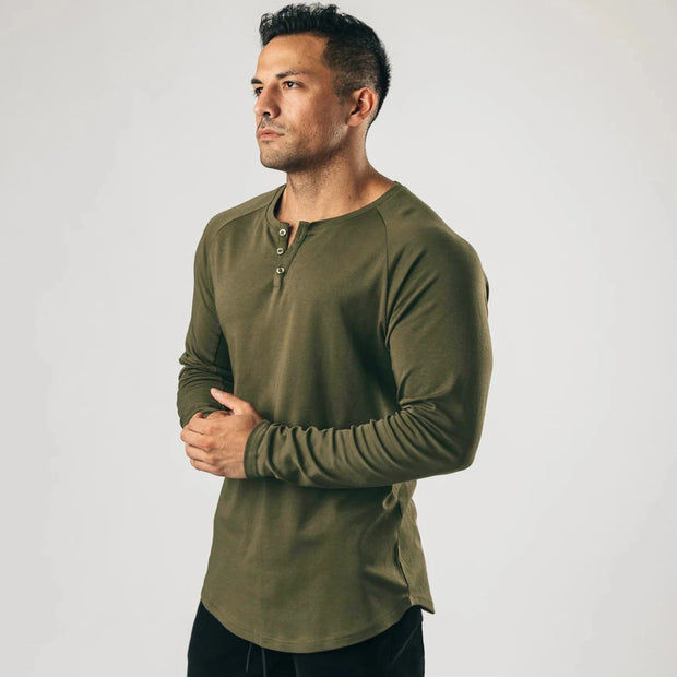 Men's Long Sleeve Solid Vintage Henley Shirts Sports Fitness Casual Cotton Stretch Thin V-neck Tee.