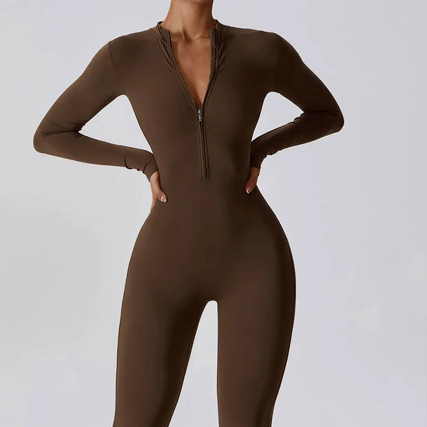 Yoga Boilersuit Long Sleeved Women's Sportswear Gym Zipper Jumpsuits Workout High-intensity Fitness One-piece Skin-tight Garment