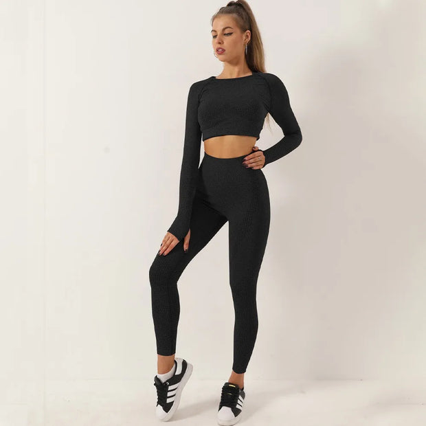 Women 2pcs Seamless Yoga Set Long Sleeve,Top High Waist Leggings Fitness Sports Wear.