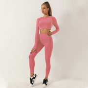 Women 2pcs Seamless Yoga Set Long Sleeve,Top High Waist Leggings Fitness Sports Wear.