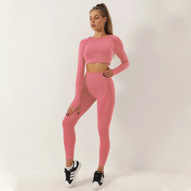 Women 2pcs Seamless Yoga Set Long Sleeve,Top High Waist Leggings Fitness Sports Wear.