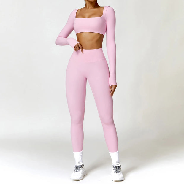 Women's 2 Pcs Yoga Set Long Sleeve Seamless Sportswear Athletic Wear Legging Fitness Bra Crop Top Sports Suits