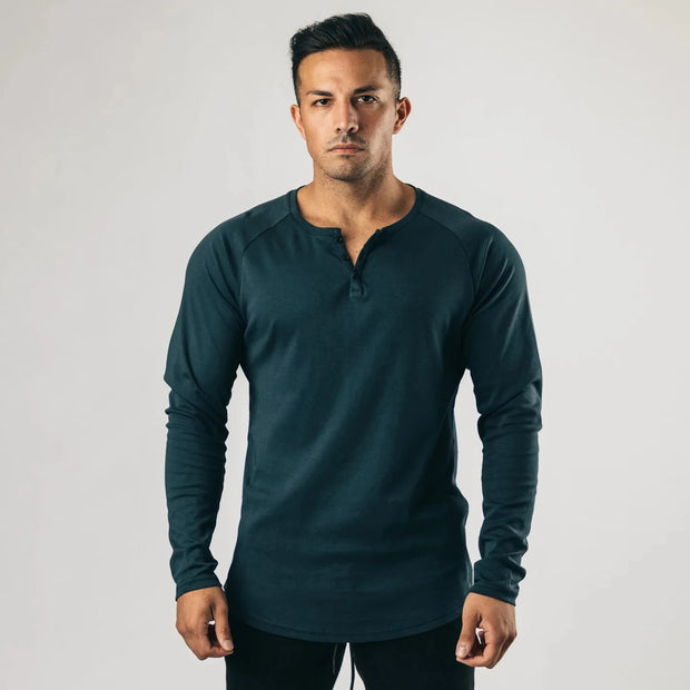 Men's Long Sleeve Solid Vintage Henley Shirts Sports Fitness Casual Cotton Stretch Thin V-neck Tee.
