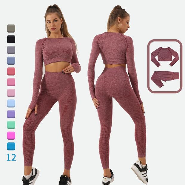 Women 2pcs Seamless Yoga Set Long Sleeve,Top High Waist Leggings Fitness Sports Wear.