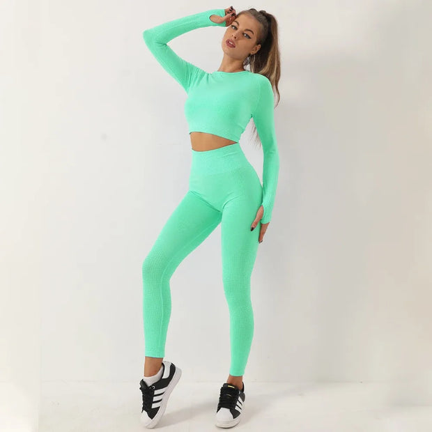 Women 2pcs Seamless Yoga Set Long Sleeve,Top High Waist Leggings Fitness Sports Wear.