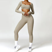 Women's 2 Pcs Yoga Set Long Sleeve Seamless Sportswear Athletic Wear Legging Fitness Bra Crop Top Sports Suits