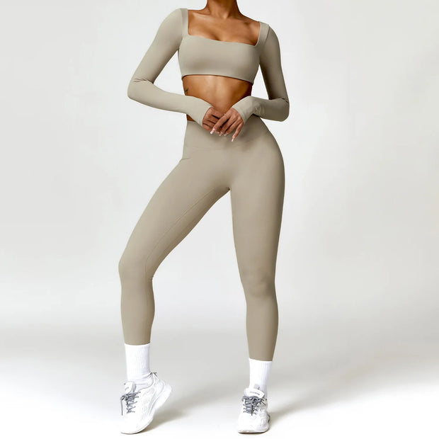 Women's 2 Pcs Yoga Set Long Sleeve Seamless Sportswear Athletic Wear Legging Fitness Bra Crop Top Sports Suits