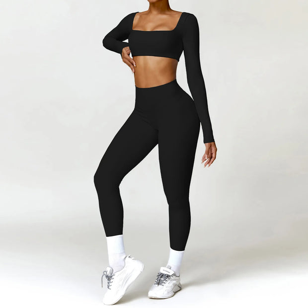 Women's 2 Pcs Yoga Set Long Sleeve Seamless Sportswear Athletic Wear Legging Fitness Bra Crop Top Sports Suits