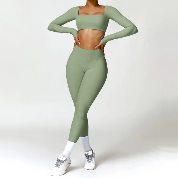 Women's 2 Pcs Yoga Set Long Sleeve Seamless Sportswear Athletic Wear Legging Fitness Bra Crop Top Sports Suits