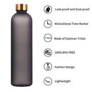 1L Bottle With Time Marker 32 OZ Motivational Reusable Fitness Sports Outdoors Travel Leakproof BPA Free Frosted Plastic.